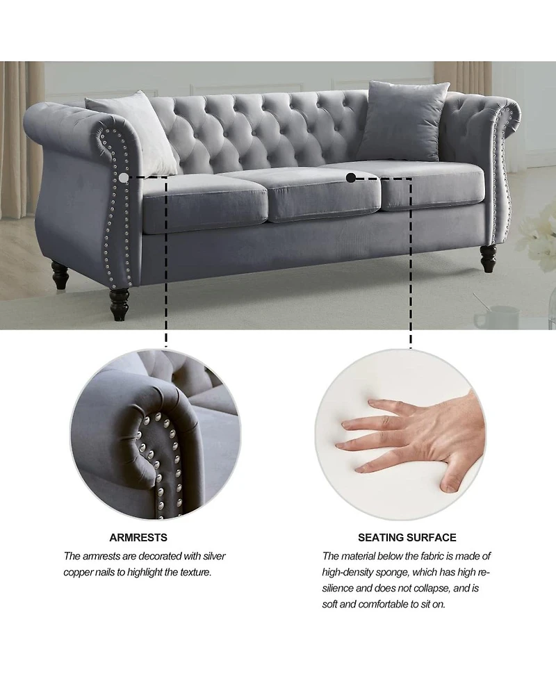 Maison Boucle 80" Velvet Sofa 3-Seater Tufted Chesterfield Couch Rolled Arm Nailhead