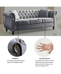 Maison Boucle 80" Velvet Sofa 3-Seater Tufted Chesterfield Couch Rolled Arm Nailhead