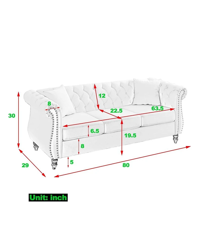 Maison Boucle 80" Velvet Sofa 3-Seater Tufted Chesterfield Couch Rolled Arm Nailhead
