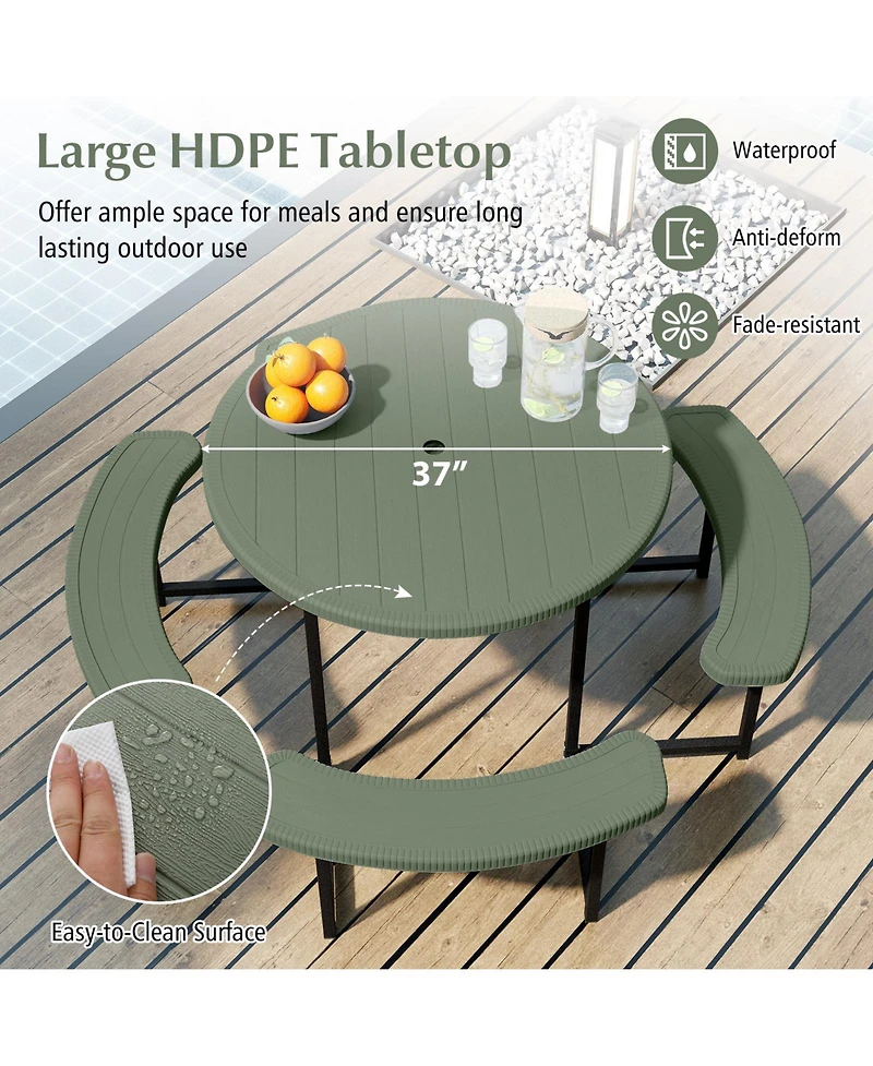Sugift Round Picnic Table Bench Set with Four Benches and Umbrella Hole