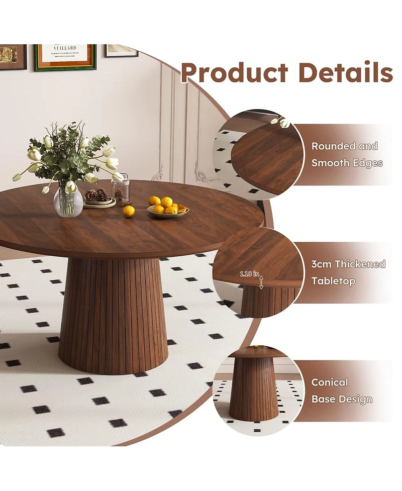 Maison Boucle 47" Round Kitchen Table for 4 Walnut Modern Farmhouse Pedestal Base
