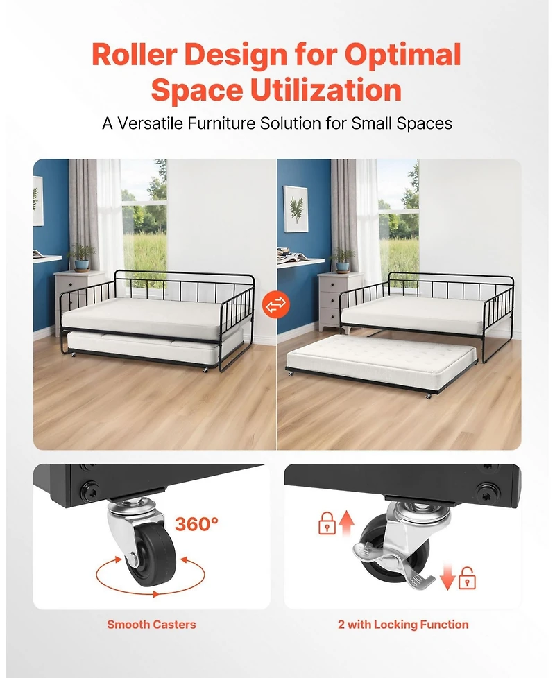 Sugift Full Size Daybed Frame with Trundle, Heavy Duty Metal, Easy Assembly