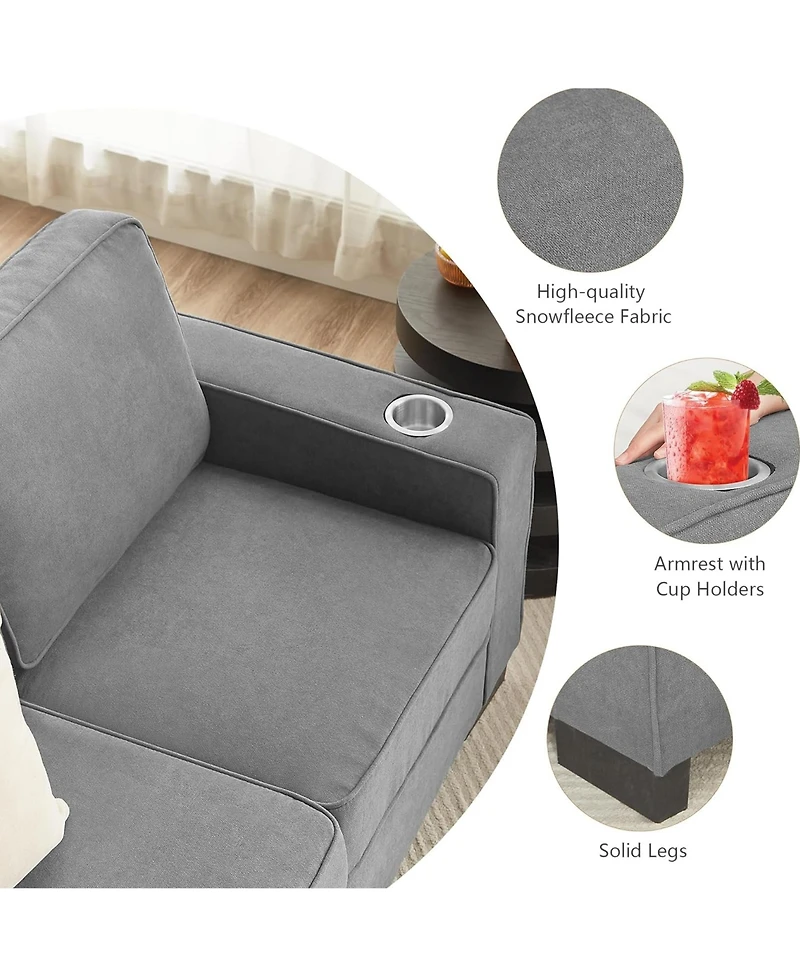 Rainsken Contemporary 3-Seat Sofa, 83.86" Soft Snowfleece Lounge Couch, Practical Upholstered Sofa with 2 Cup Holders for Living Room and Office