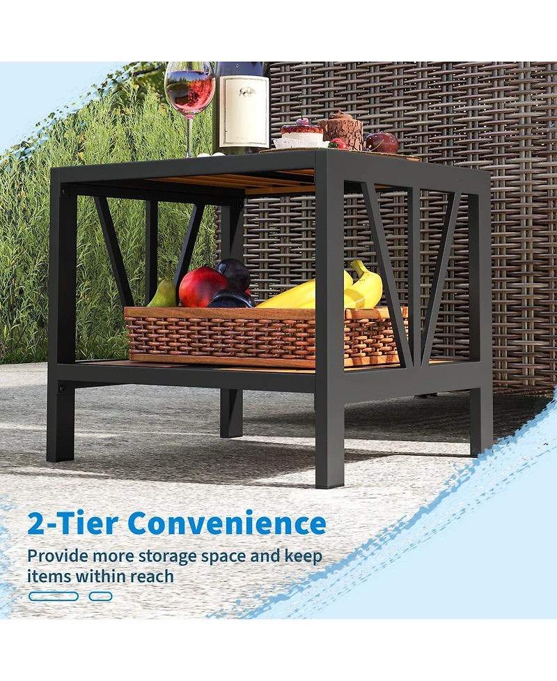 Sugift Outdoor Side Table with Umbrella Hole and Storage Shelf
