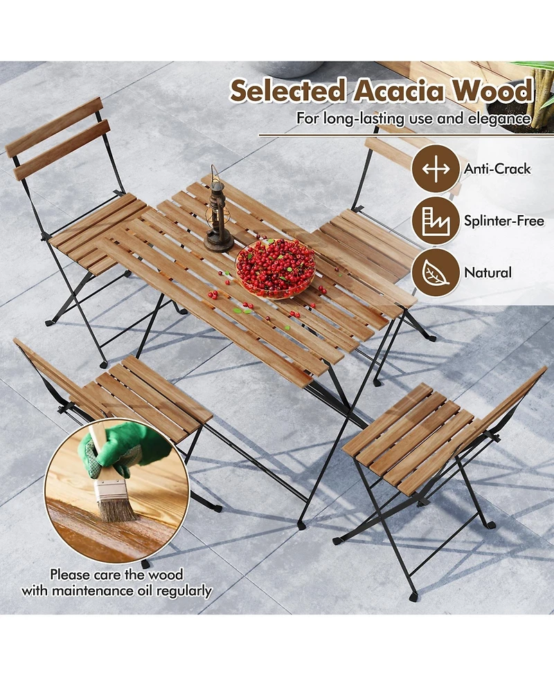 Sugift 5 Piece Patio Acacia Wood Dining Set with Four Folding Chairs