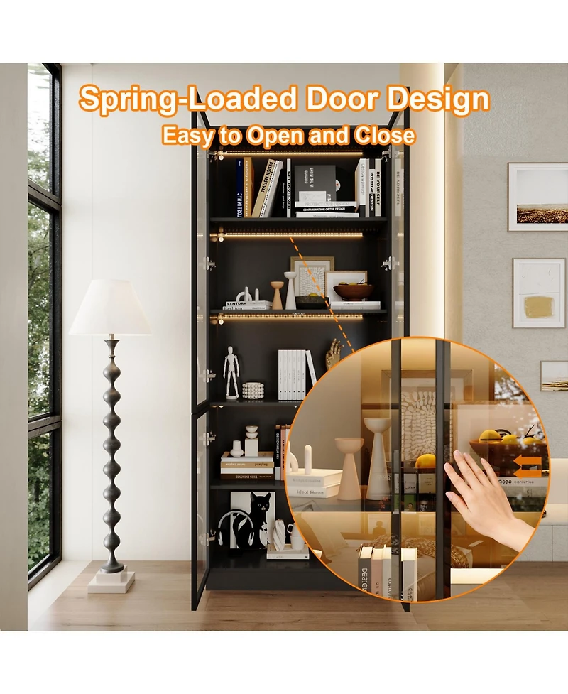 Famapy Display Cabinet with 4 Glass Doors and Lights, 5-Tier Storage Shelves, Bookcases and Shelves