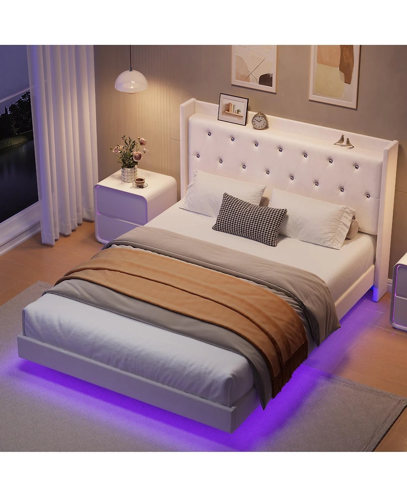 Homfan Bed Frame with Led Lights, Upholstered Headboard, Storage Shelves