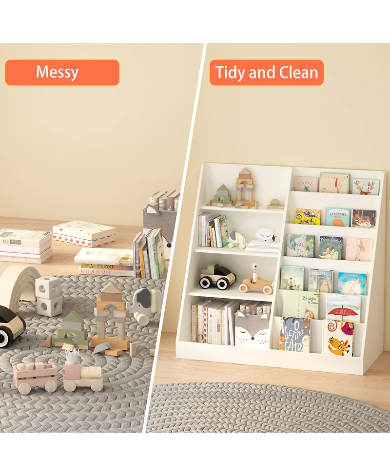 Rainsken Kids Bookshelf and Toy Storage Organizer - 4 Tier Wooden Bookcase Display Stand for Nursery, Playroom and Classroom