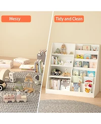 Rainsken Kids Bookshelf and Toy Storage Organizer - 4 Tier Wooden Bookcase Display Stand for Nursery, Playroom and Classroom