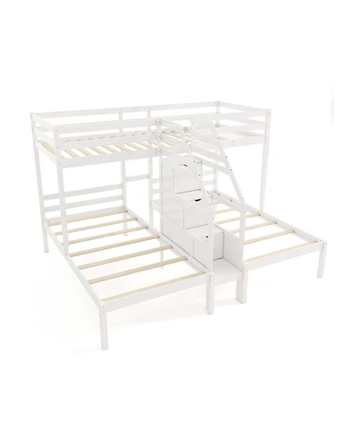 Gouun Twin Over Twin and Twin Bunk Bed with Storage Staircase and Guardrail for 3 Kids Teens
