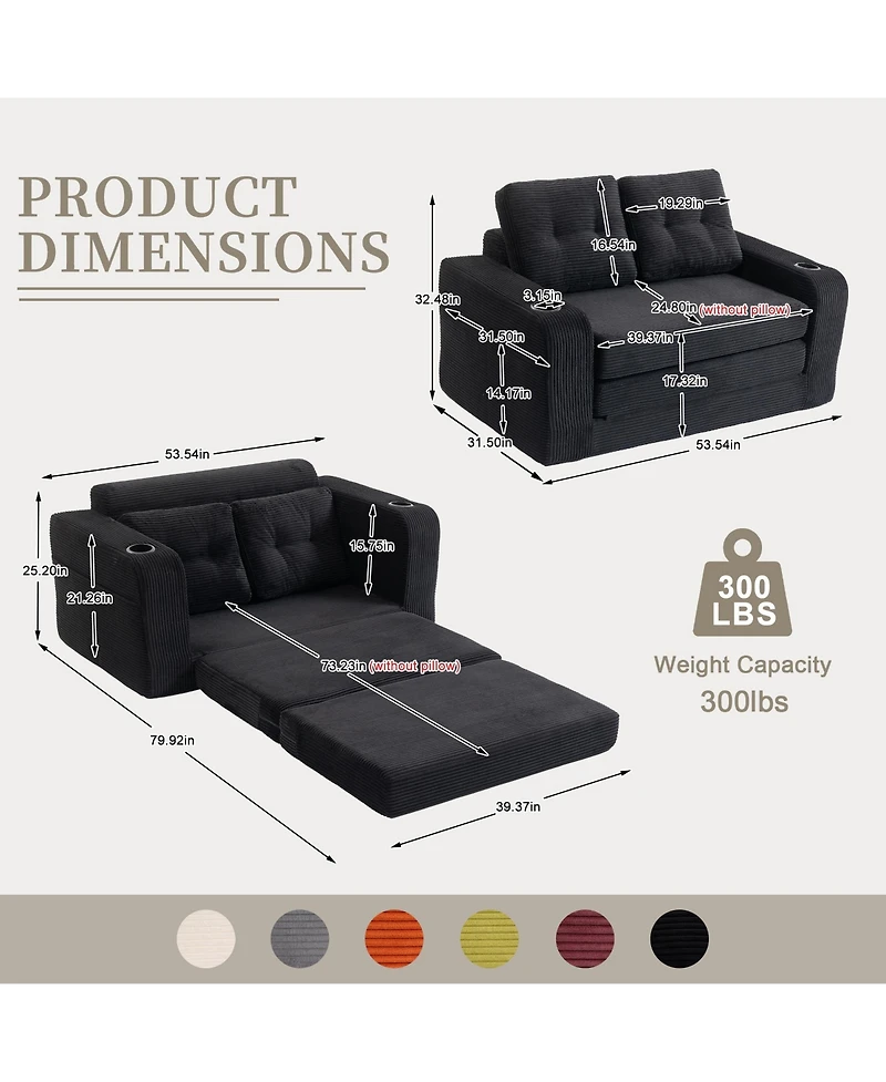 Rainsken Convertible Sofa Bed, Foldable Loveseat Couch with Cup Holders and Pillows, Corduroy Fabric Futon for Living Room and Small Spaces
