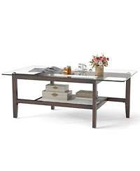 Gouun 42 in Rectangular 2-Tier Tempered Glass Coffee Table with Rubber Wood Legs