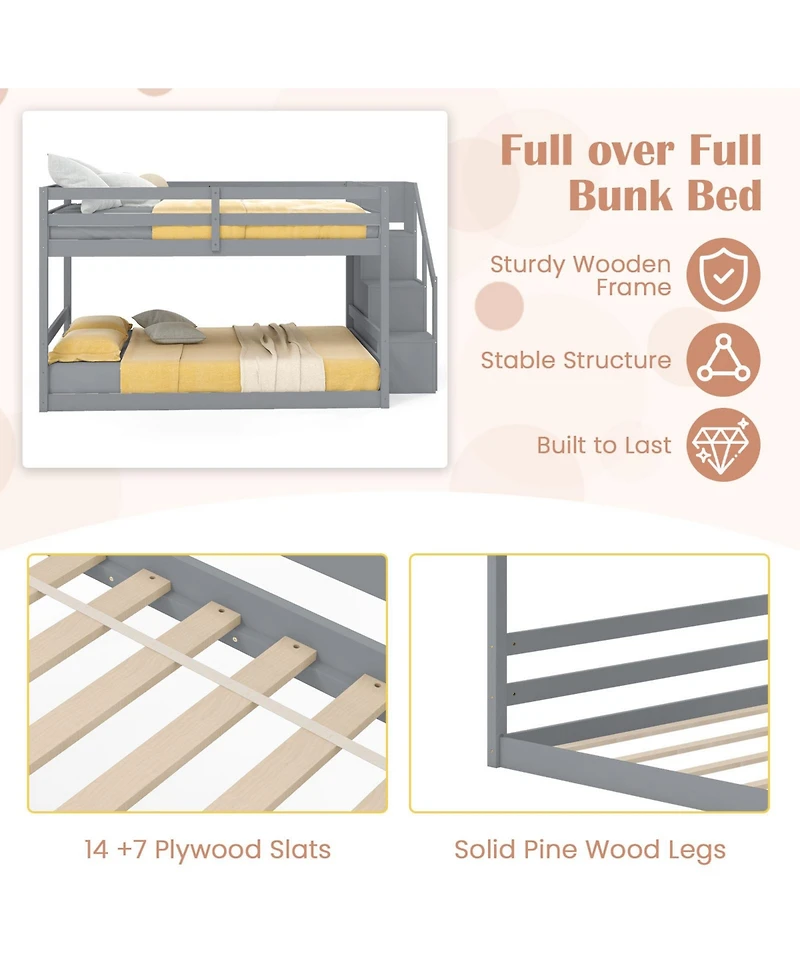 Gouun Solid Wood Full Over Full Low Bunk Bed with Storage Stairs