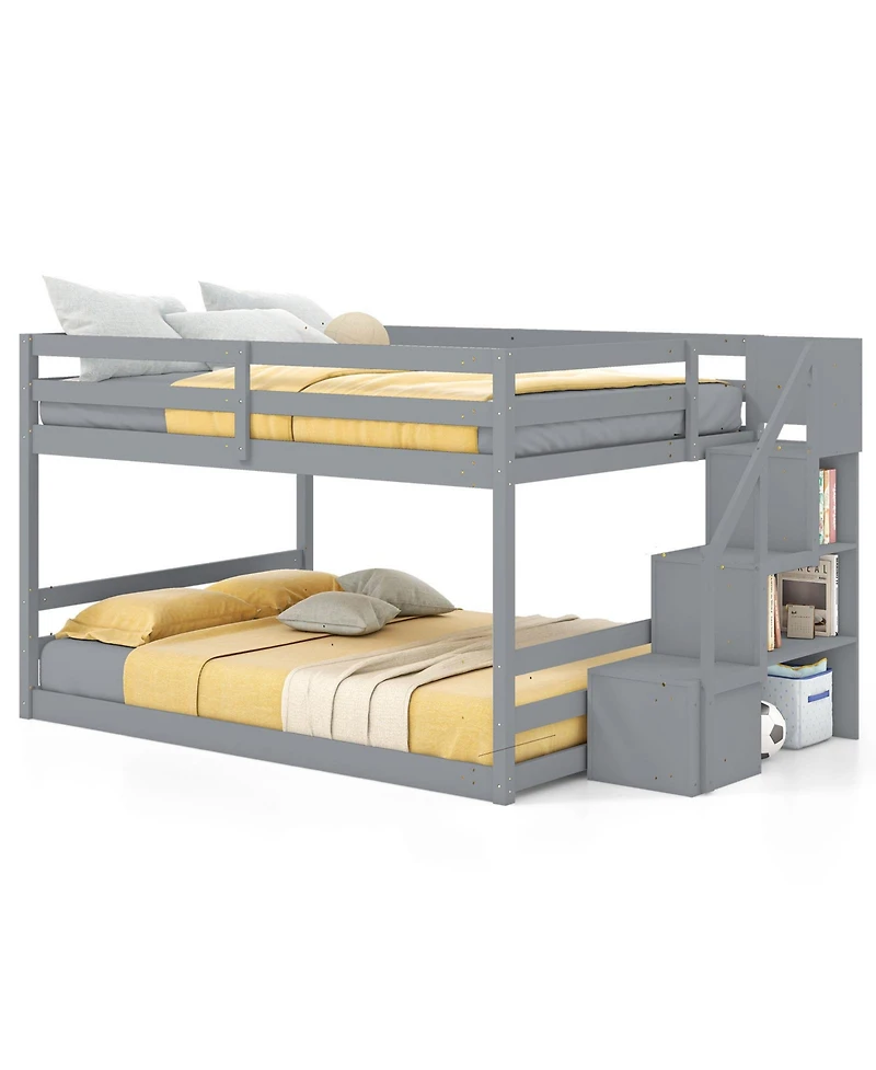 Gouun Solid Wood Full Over Full Low Bunk Bed with Storage Stairs
