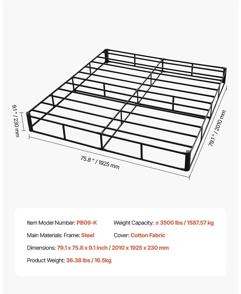 Sugift King Size Heavy Duty Metal Bed Frame Box Spring With Washable Fabric Cloth