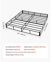 Sugift King Size Heavy Duty Metal Bed Frame Box Spring With Washable Fabric Cloth