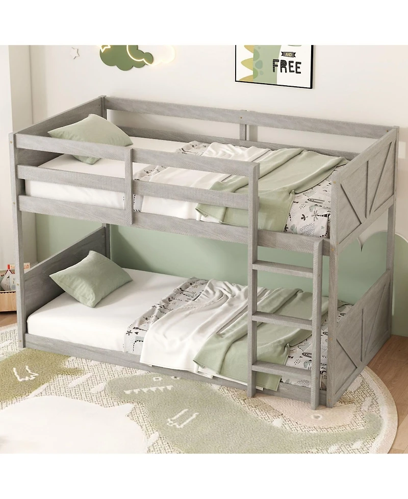 Clihome Twin over Twin Floor Bunk Bed with Panelled Headboard and Footboard