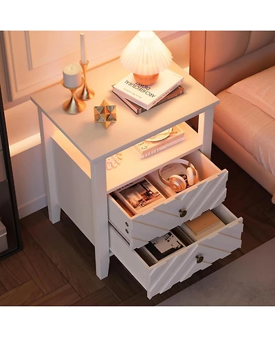 gaomon Led Night Stand with 2 Storage Drawers and Stable Wooden Legs Farmhouse Nightstand w/V-Shaped Design and Open Storage Shelf