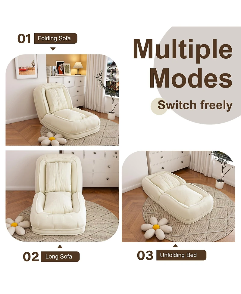 Rainsken Corduroy Upholstered Folding Lazy Sleeper Sofa, 5-Level Adjustable Reclining Lounge Chair, Soft Accent Chair for Bedroom, Living Room