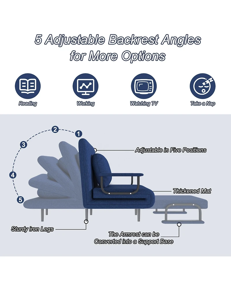 Rainsken Multi-Function Folding Sleeper Chair with Pillow, 5-Position Adjustable Backrest, 3-in-1 Convertible Sofa Bed for Bedroom, Living Room