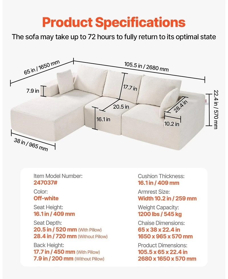 Sugift Modular Sectional Sofa, L Shaped with Chaise, Cloud Couch for Living Room