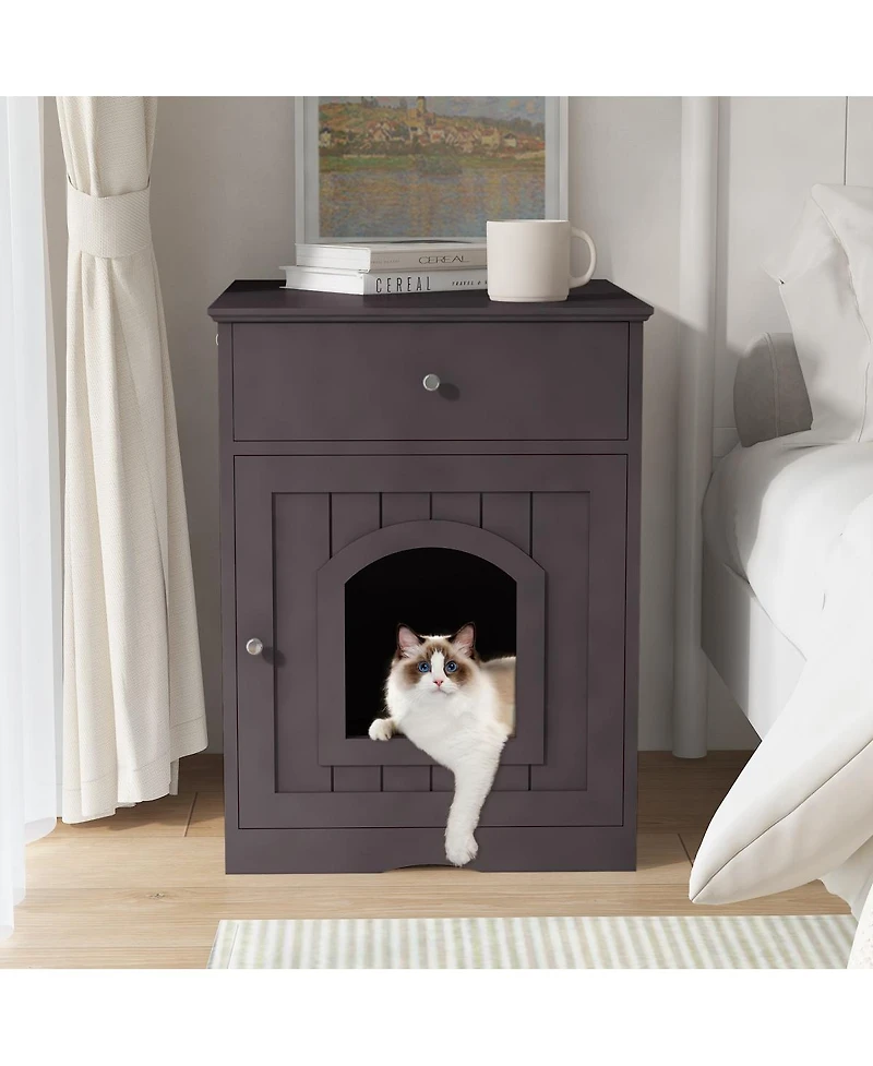 6thdruple Wooden Indoor Pet House with Drawer, Multi-Function Cat and Small Animal Home, Enclosed Furniture Crate Nightstand for Bedroom