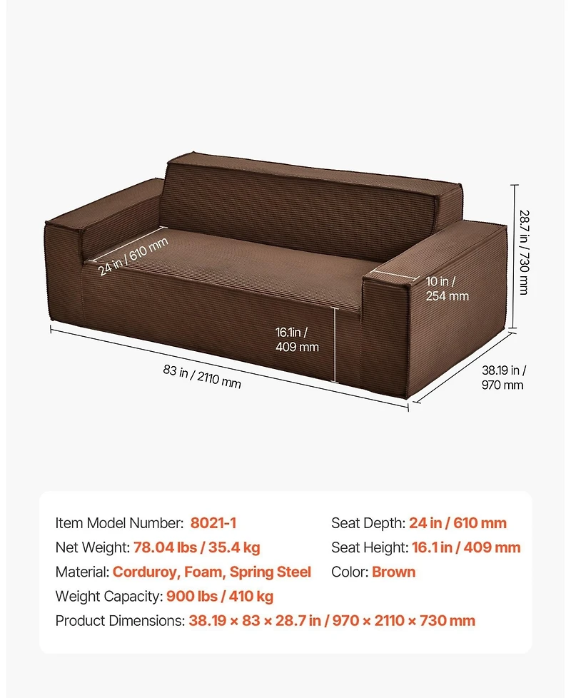 Sugift 3-Seater Sofa, 83-Inch No Assembly Corduroy Couch with Memory Foam