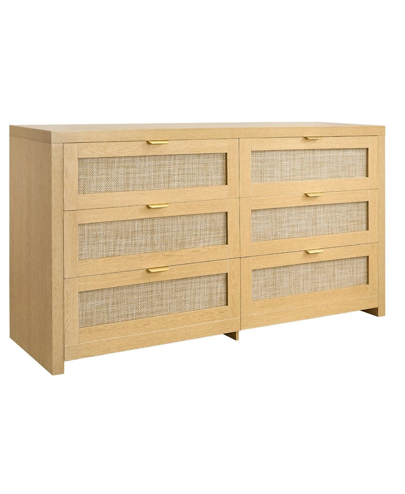 Sugift 6 Drawer Rattan Dresser, Natural Rattan Chest with Metal Handle for Bedroom