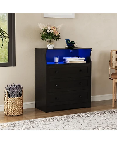 gaomon Tall Dresser for Bedroom with Led Lights and Charging Station, 3 Drawers Wood Chest of Drawers for Closet, Living Room
