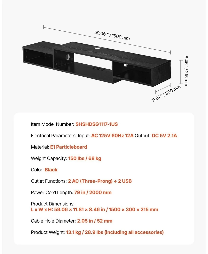 Sugift Floating Tv Stand, 59inch Wall Mount, with Power Outlet and Cable Hole
