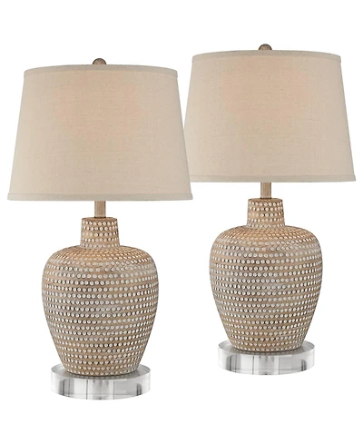 Regency Hill Glenn Farmhouse Table Lamps Set of 2 with Round Risers 28 1/2" Tall Dappled Sandy Oatmeal Fabric Drum Shade for Bedroom Home