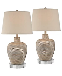 Regency Hill Glenn Farmhouse Table Lamps Set of 2 with Round Risers 28 1/2" Tall Dappled Sandy Oatmeal Fabric Drum Shade for Bedroom Home
