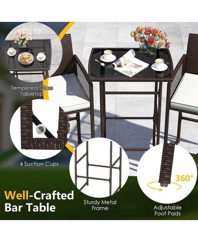 Gouun 3-Piece Wicker Outdoor Bar Set with Tempered Glass Table and Cushioned Armchairs