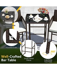 Gouun 3-Piece Wicker Outdoor Bar Set with Tempered Glass Table and Cushioned Armchairs