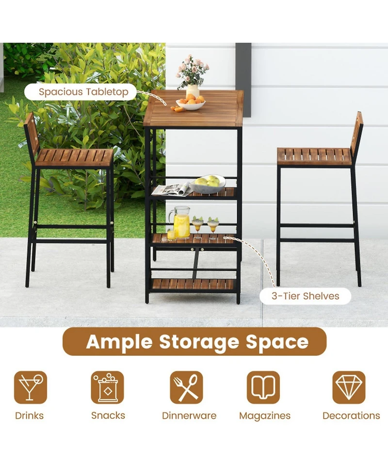Gouun 3-Piece Acacia Wood Outdoor Bar Set with 3-Tier Storage Shelf and Metal Frame