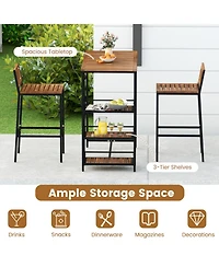 Gouun 3-Piece Acacia Wood Outdoor Bar Set with 3-Tier Storage Shelf and Metal Frame