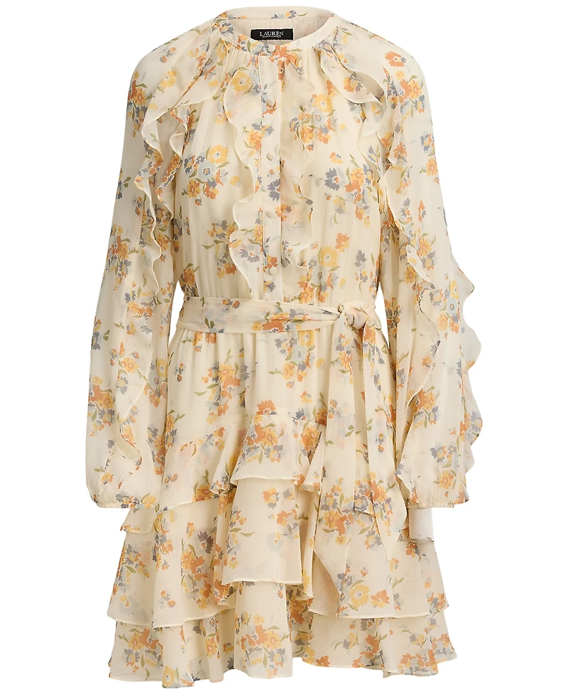 Lauren Ralph Petite Band Collar Floral Ruffle-Trim Tiered Dress