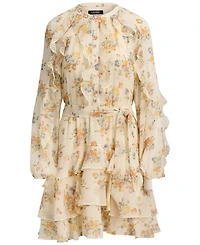 Lauren Ralph Petite Band Collar Floral Ruffle-Trim Tiered Dress