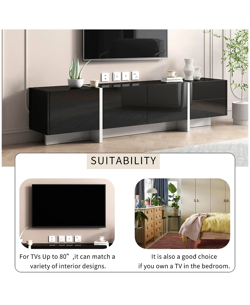 Rainsken Modern Rectangular Tv Stand for TVs Up to 80'', Entertainment Center with High Gloss Uv Surface and Storage for Living Room