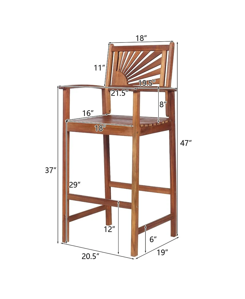 sumyeg 2-Piece Outdoor Acacia Wood Bar Chairs with Sunflower Back and Armrests