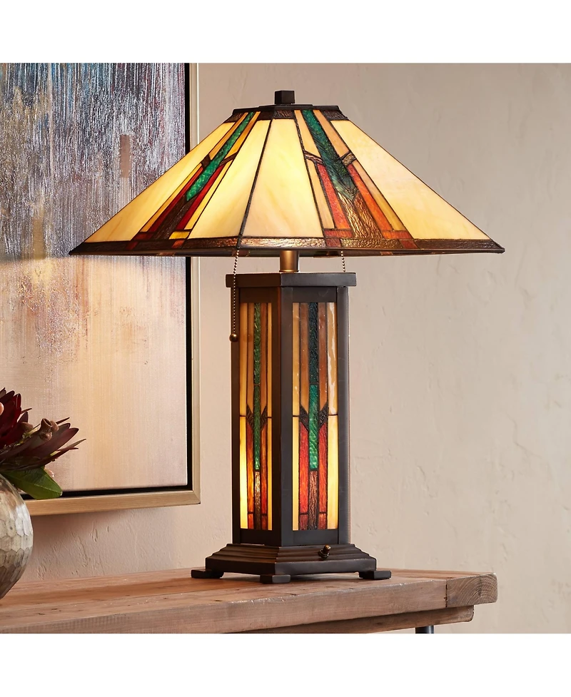 Robert Louis Tiffany Mission Style Table Lamp with Table Top Dimmer and Night Light 25" High Bronze Stained Glass for Living Room Bedroom