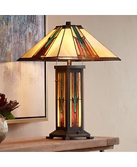 Robert Louis Tiffany Mission Style Table Lamp with Table Top Dimmer and Night Light 25" High Bronze Stained Glass for Living Room Bedroom