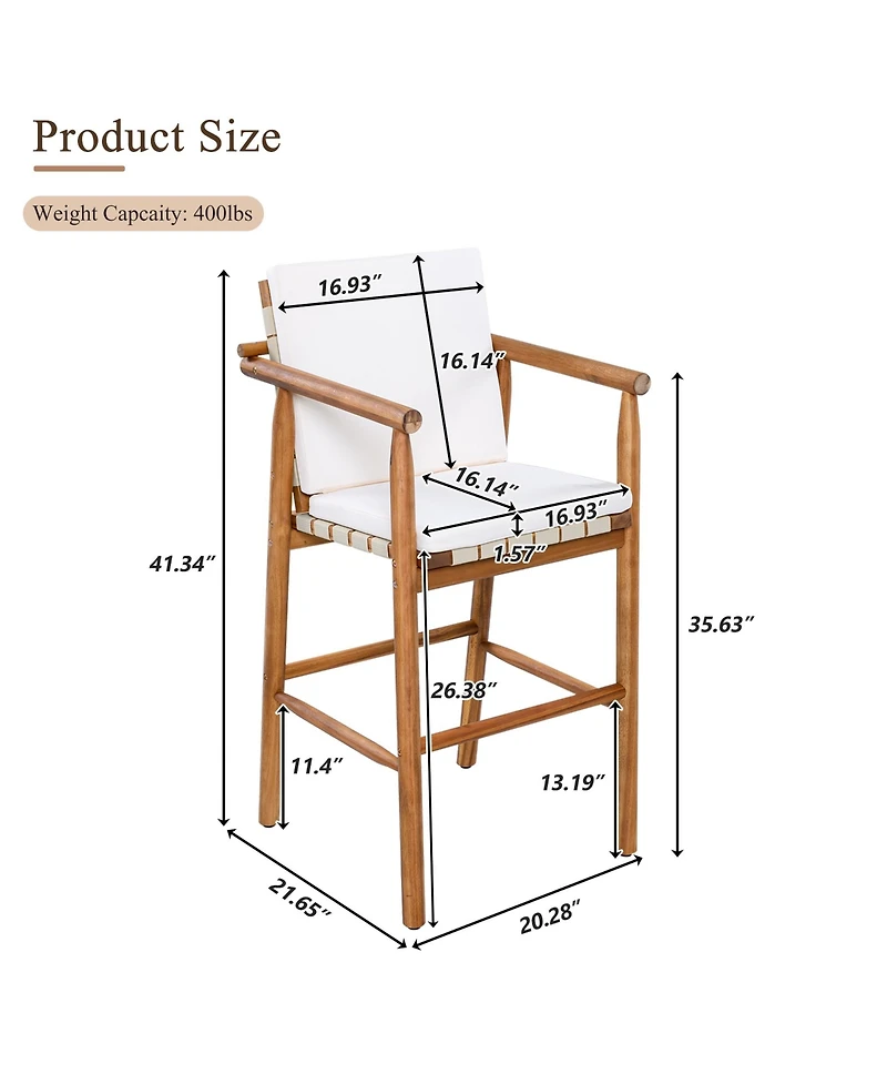 sumyeg Set of 2 Outdoor Counter Height Bar Stools with Acacia Wood Frame, Backrest and Webbing Seat