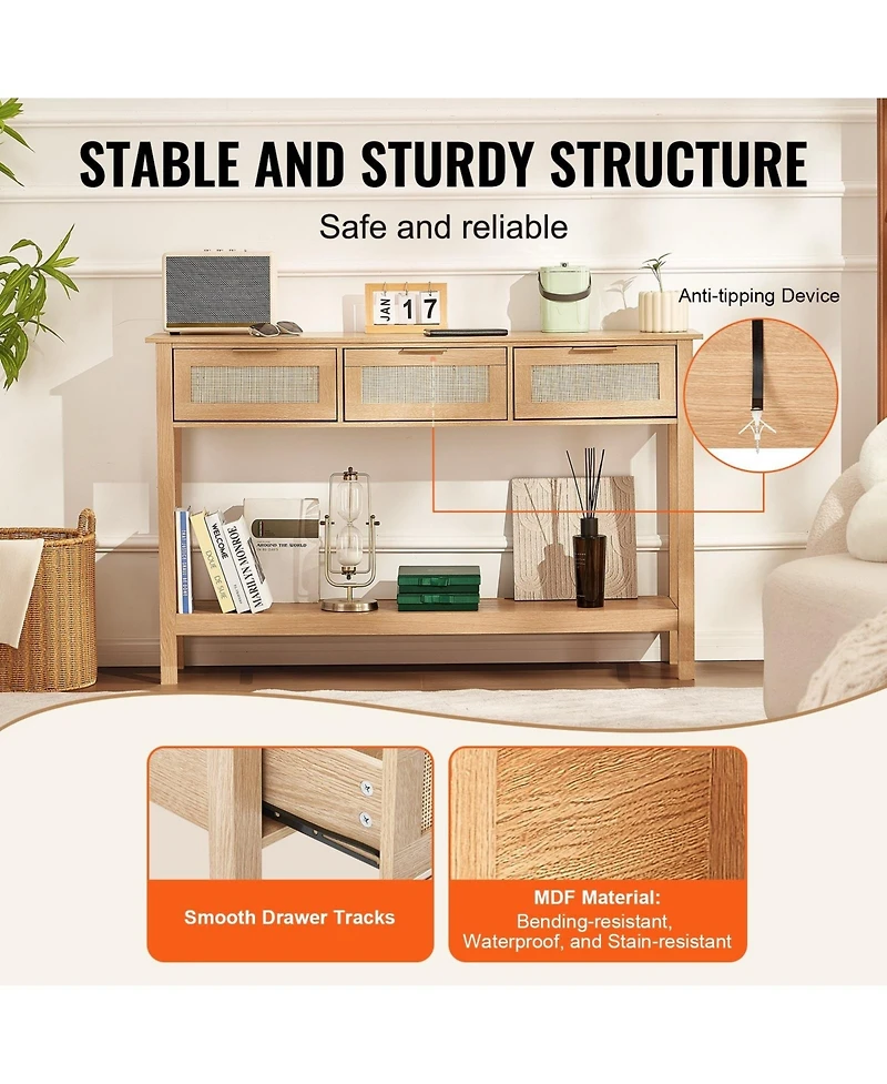 Sugift Rattan Console Table, 3 Storage Drawers, for Entryway, Living Room
