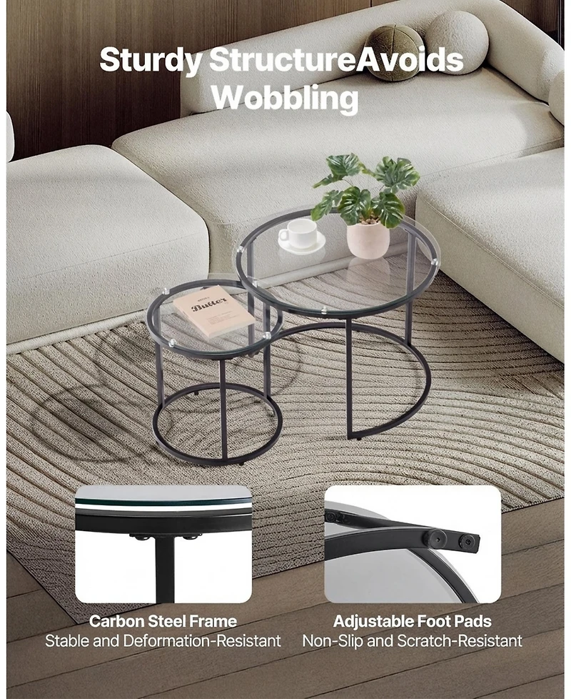 Sugift Nesting Coffee Table Set of 2, 23.6" Round Glass Tables for Small Spaces