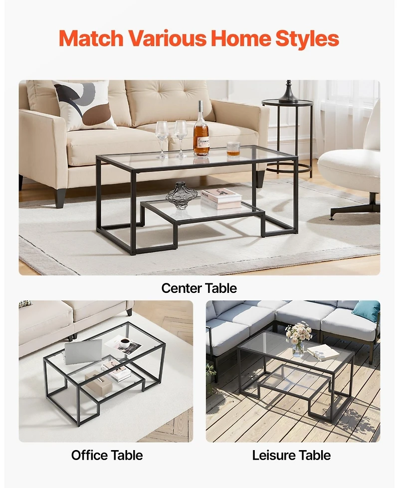 Sugift Coffee Table, Tempered Glass Center Table, 2-Tier with Open Storage for Living Room