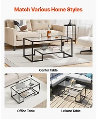 Sugift Coffee Table, Tempered Glass Center Table, 2-Tier with Open Storage for Living Room