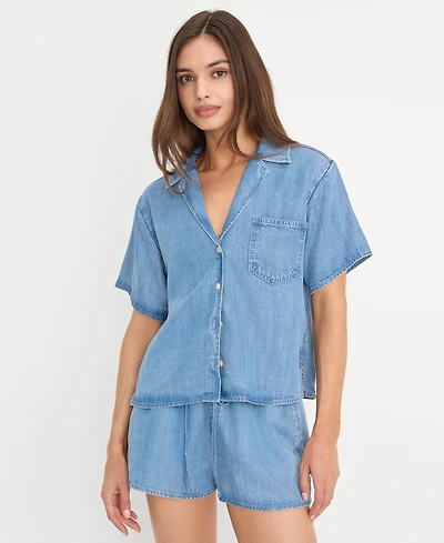Good American Women's Collared Neck Denim Camp Shirt