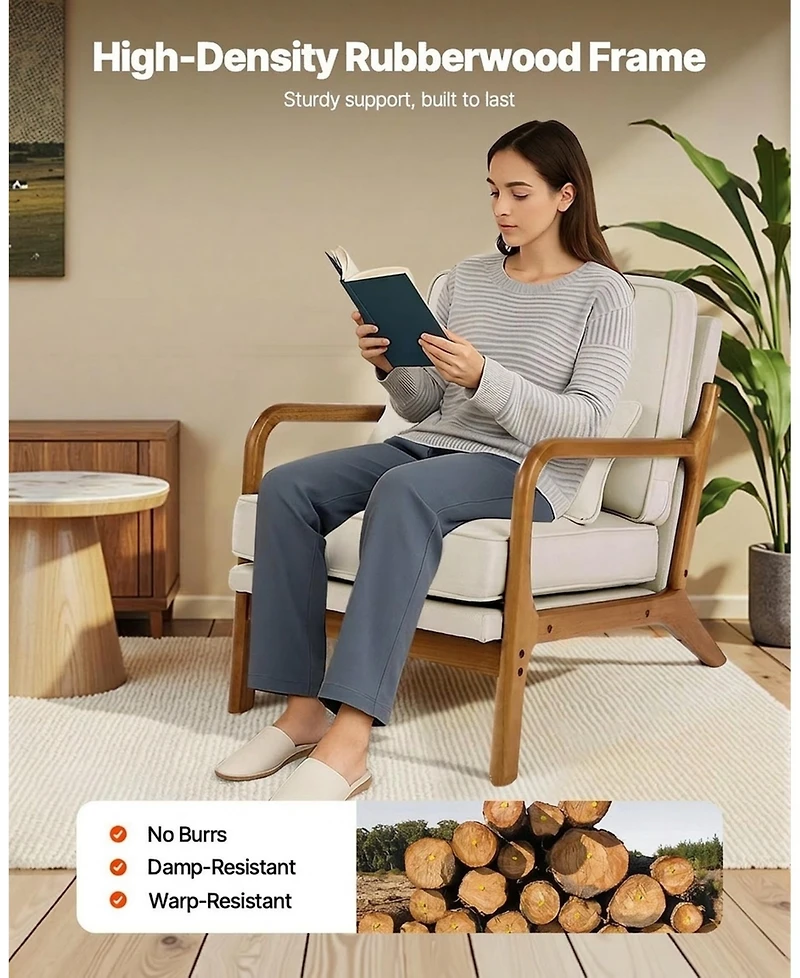 Sugift Accent Chair, Mid Century Modern Armchair, Solid Wood Frame, Linen Fabric