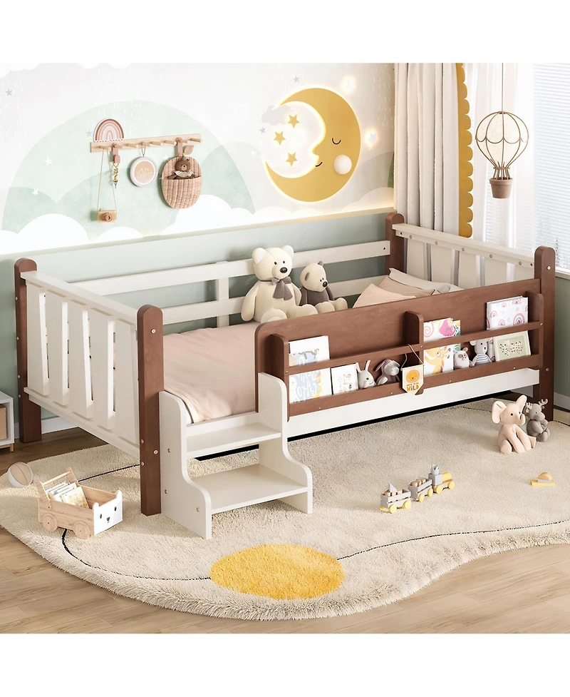 Rainsken Kids Floor Bed Frame with Storage Bookcases and Stairs, Twin Size Solid Wood Low Profile Bed with Guardrails for Boys Girls